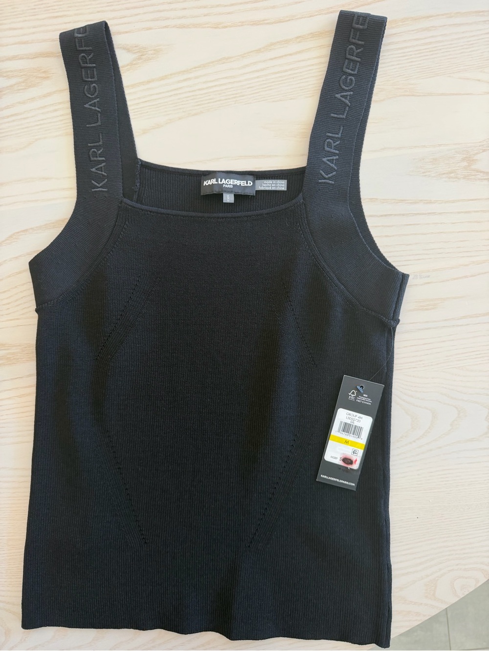 Karl Lagerfeld Black Ribbed Knit Top with Logo Tag
